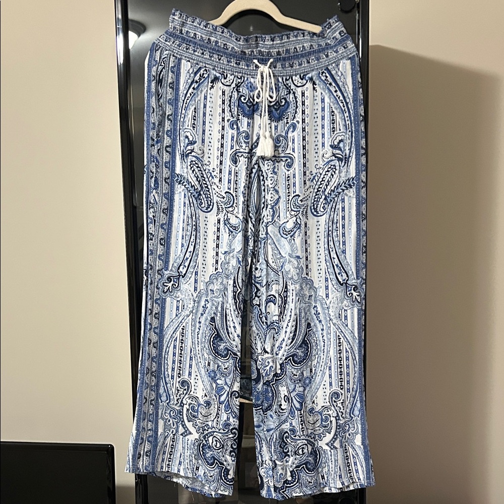 INC International Concepts Navy and Cream Paisley Wide Leg Pants